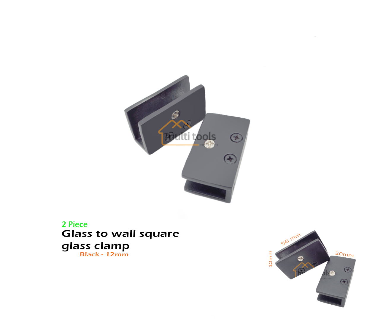 2 Pec Glass To Wall Square Glass Clamp Black 12Mm